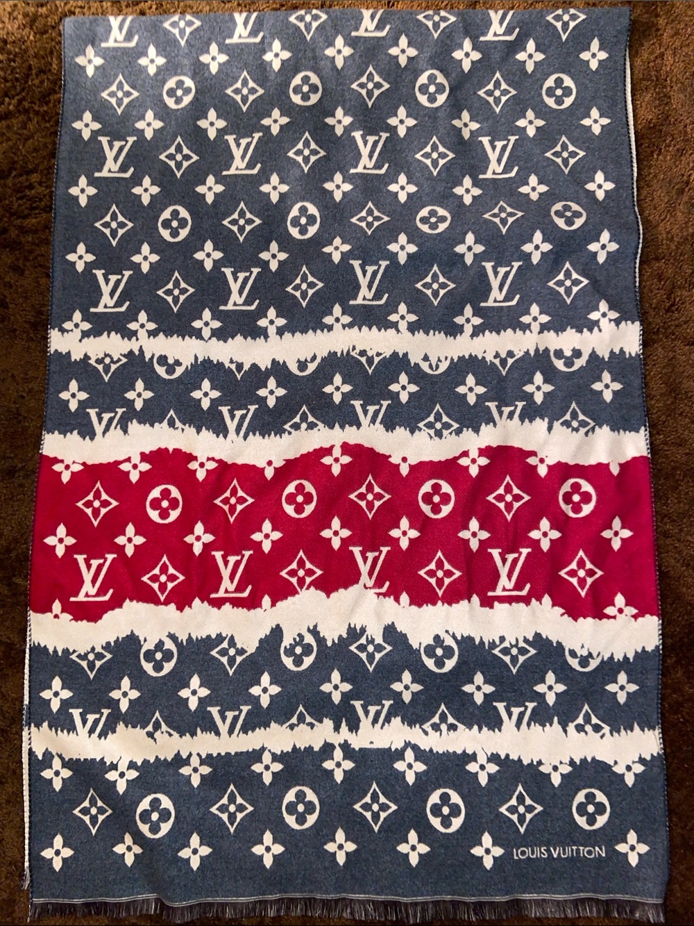 ONE DAY SALE!!!
Louis Vuitton Navy, White & Red Monogram Stripe Shawl/Wrap